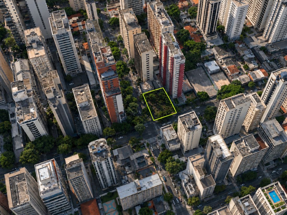 Vista aerea do Itaim Bibi com o terreno da composicao destacado em verde, cercado por predios residenciais