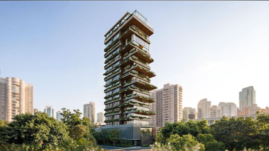 Edificio residencial de fachada com varandas ajardinadas construido no terreno da composicao